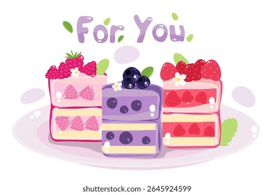 Three pieces of berry cakes. Strawberry, strawberry, raspberry dessert. Vector illustration
