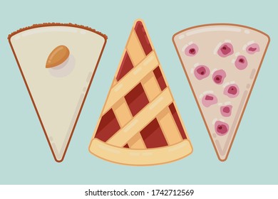 Tres trozos de pastel o pastel: torta o torta de cereza, zanahoria y lingonberry.
