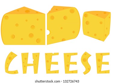 Three pieces of cheese, isolated objects on the white background with text