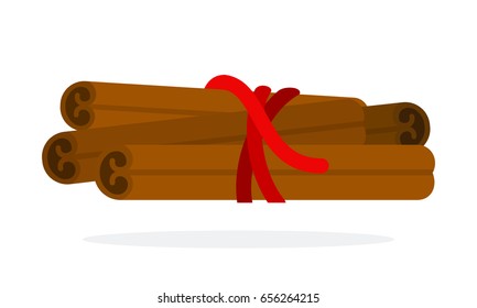 Three Pieces of cinnamon tied with a red rope vector flat material design isolated on white