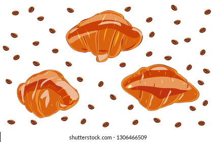 
Three pieces of delicious, fresh croissant on a white background with grains of coffee. French breakfast Fresh homemade pastries. confectionery