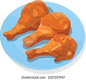 Three pieces of delicious fried chicken drumsticks served on a plate. The drumsticks can be isolated for any usages if needs to.