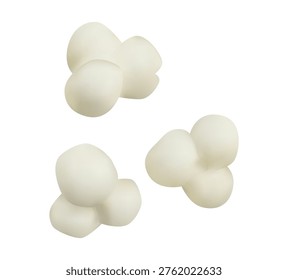 Three pieces of fresh 3D popcorn isolated on a white background. Realistic popped corn kernels with detailed texture for cinema snacks, movie night concepts, food blogging, and entertainment design. High-quality 3D render.
