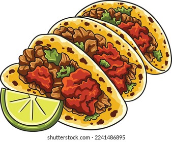 Three pieces of fresh meat tacos with salsa sauce. Good for menu, sticker, banner, clip art or any designs.