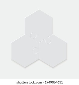 Three pieces of a hexagon puzzle. Hexagonal mosaic infographics.