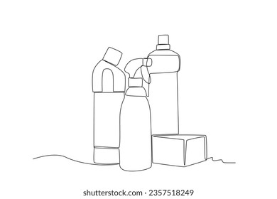 Three pieces of hygiene detergent. Cleaning supplies one-line drawing