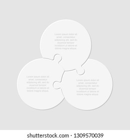 Three Pieces Puzzle Circles Diagram. Circles Business Presentation Infographic. 3 Steps, Parts, Pieces Of Process Diagram. Section Compare Banner. Jigsaw Puzzle Info Graphic. Marketing Strategy.