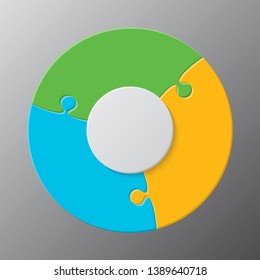 Three pieces puzzle circles diagram. Circles business presentation infographic. 3 steps, parts, items of process diagram. Section compare banner. Jigsaw puzzle info graphic. Marketing strategy.