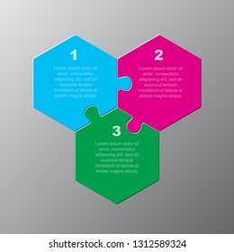 Three pieces puzzle hexagonal diagram. Hexagon business presentation infographic. 3 steps, parts, pieces of process diagram. Section compare banner. Jigsaw puzzle info graphic. Marketing strategy.