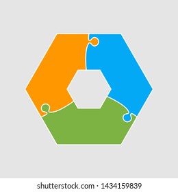 Three pieces puzzle hexagonal diagram. Hexagon business presentation infographic. 3 steps, parts, pieces of process diagram. Section compare banner. Jigsaw puzzle info graphic. Marketing strategy.