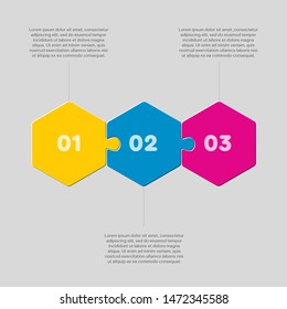 Three pieces puzzle hexagonal diagram. Hexagon business presentation infographic. 3 steps, parts, pieces of process diagram. Section compare banner. Jigsaw puzzle info graphic. Marketing strategy.