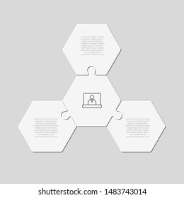 Three pieces puzzle hexagonal diagram. Hexagon business presentation infographic. 3 steps, parts, pieces of process diagram. Section compare banner. Jigsaw puzzle info graphic. Marketing strategy.
