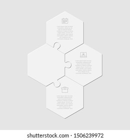 Three pieces puzzle hexagonal diagram. Hexagon business presentation infographic. 3 steps, parts, pieces of process diagram. Section compare banner. Jigsaw puzzle info graphic. Marketing strategy.