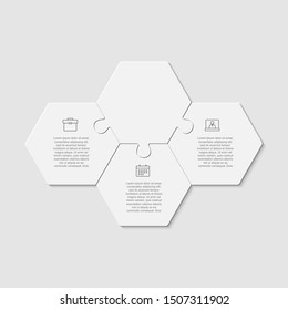 Three Pieces Puzzle Hexagonal Diagram. Hexagon Business Presentation Infographic. 3 Steps, Parts, Pieces Of Process Diagram. Section Compare Banner. Jigsaw Puzzle Info Graphic. Marketing Strategy.