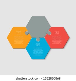 Three Pieces Puzzle Hexagonal Diagram. Hexagon Business Presentation Infographic. 3 Steps, Parts, Pieces Of Process Diagram. Section Compare Banner. Jigsaw Puzzle Info Graphic. Marketing Strategy.