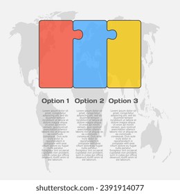 Tres piezas infográficas de la línea de rompecabezas. Negocio, idea, concepto de flujo. Plantilla para 3 opciones, partes, procesos. Gráfico informativo de Jigsaw. Se puede utilizar para procesos, presentaciones, diseño, banner, grafo