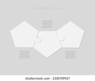 Three pieces puzzle pentagon diagram. Circles business presentation infographic. 3 steps, parts, pieces of process diagram. Section compare banner. Jigsaw puzzle info graphic. Marketing strategy.