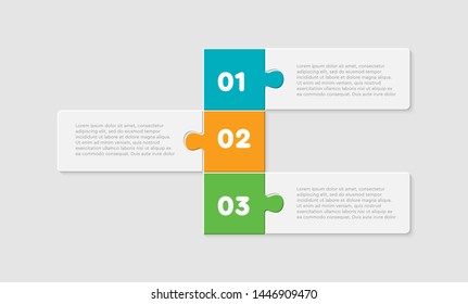 Three pieces puzzle squares diagram. Squares business presentation infographic. 3 steps, parts, pieces of process diagram. Section compare banner. Jigsaw puzzle info graphic. Marketing strategy.