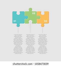 Three pieces puzzle squares diagram. Squares business presentation infographic. 3 steps, parts, pieces of process diagram. Section compare banner. Jigsaw puzzle info graphic. Marketing strategy.