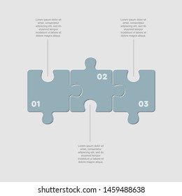 Three pieces puzzle squares diagram. Squares business presentation infographic. 3 steps, parts, pieces of process diagram. Section compare banner. Jigsaw puzzle info graphic. Marketing strategy.