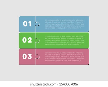 Three pieces puzzle squares diagram. Squares business presentation infographic. 3 steps, parts, pieces of process diagram. Horizontal section compare banner. Jigsaw puzzle info graphic.