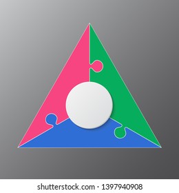 Three pieces puzzle triangle diagram. Triangles business presentation infographic. 3 steps, parts, pieces of process diagram. Section compare banner. Jigsaw puzzle info graphic. Marketing strategy.