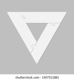 Three pieces puzzle triangles diagram. Triangle business presentation infographic. 3 steps, parts, pieces process diagram. Section compare banner. Jigsaw puzzle info graphic. Marketing strategy.