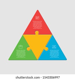 Three Pieces Puzzle Triangles Diagram. Triangle Business Presentation Infographic. 3 Steps, Parts, Pieces Process Diagram. Section Compare Banner. Jigsaw Puzzle Info Graphic. Marketing Strategy.