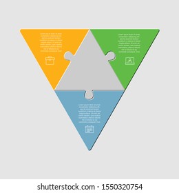 Three pieces puzzle triangles diagram. Triangle business presentation infographic. 3 steps, parts, pieces process diagram. Section compare banner. Jigsaw puzzle info graphic. Marketing strategy.
