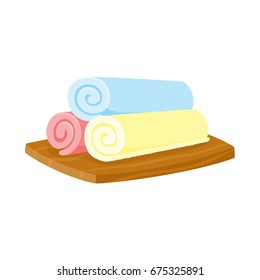 Three pieces of rolled up colorful towels on wooden plate, spa salon accessory, cartoon vector illustration on white background. Three rolls of spa salon towels on rectangular wooden plate