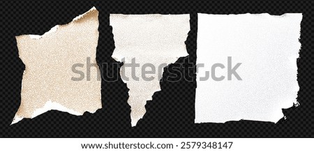 Three pieces of torn paper in different colors: one beige, one light cream, and one white. The edges are uneven and frayed, creating a textured appearance.  at the transparent bg as a png