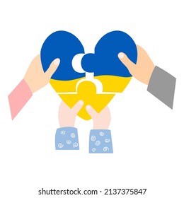 Three Pieces Of Ukrainian Heart. Recovery of Ukraine after war, Happy Family concept. Mother, Father, and kid hands with blue and yellow pieces. Vector illustration