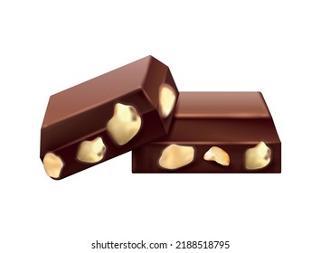 Three pieces of whole hazelnut chocolate on white background realistic vector illustration