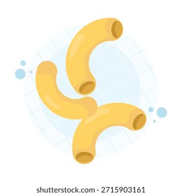 drei Stücke gelbe Makkaroni-Nudeln einzeln auf weißem Hintergrund. Vektorgrafik für kulinarisches Design, Lebensmittelverpackungen, Rezepturvisuals und Kochkonzepte.