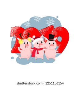 Three piglets in New Year costumes embracing each other. Number, 2019, New Year, friends. Can be used for topics like Christmas, symbol of year, winter