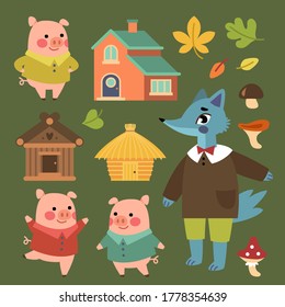 Three piglets set. Сollection of three piglets with their houses and a wolf. Illustration for books, cards and theme parties