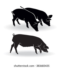 Three Pigs. Black And White Vector Silhouette.