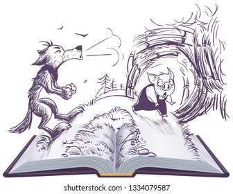 Three pigs fairy tale open book illustration. Wolf blowing broke house. Vector cartoon isolated on white