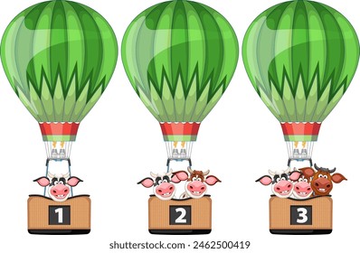 Three pigs in numbered hot air balloons