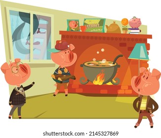 Three pigs. Old fairy tales in a new way. Three little pigs and a gray wolf. Episode 4