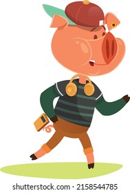 Three pigs. Old fairy tales in a new way. Piglet Nif Nif. Runs and listens to music. Headphones. Player. Cap. In a striped sweater.