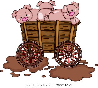 Three pigs on wooden trolley
