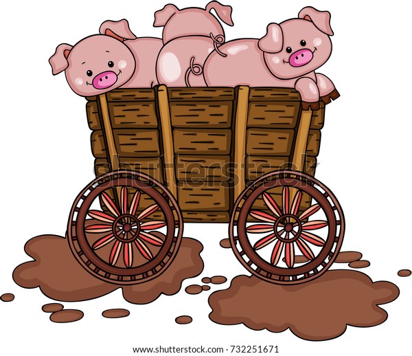 Three pigs on wooden\
trolley\

