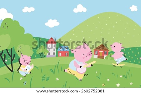 Three pigs plays on meadow. Cartoon pig reading book, dancing and skateboard riding. Fairy tale farm landscape with green valley, houses, vector illustration