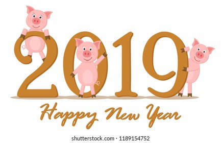 Three pigs waving and smiling near the 2019. Vector for the new year and Christmas.