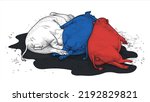 Three pigs of white, blue and red colors, reminiscent of the flag of the russian federation, lie in a black puddle resembling oil. Vector illustration. Dirty life concept. Humor, satire, caricature.
