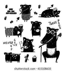 Three pigs and wolf funny set black white scribble fairy tale. Three pigs and wolf. Animal cartoon funny, happy character piggy, vector illustration