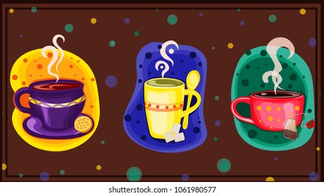 Three piles of cups and saucers with different decorations and shapes