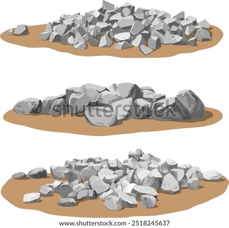 Three piles of rocks isolated on a white background. Ideal for use as background elements in games or animations.