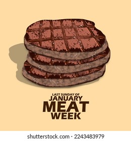 Three piles of very tasty looking barbecue meats with bold text on light brown background to celebrate Meat Week on Last Sunday Of January